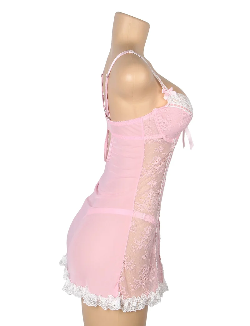 Rosa Babydoll aus Spitze mit Rüschensaum, Bügel-BH, hohlem Rückenausschnitt und Schleife sowie passendem Spitzen-T-Shirt (Set)