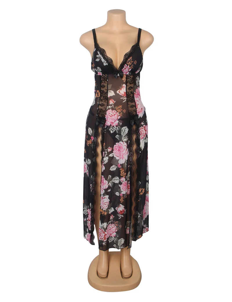 Langes Nachthemd aus floral bedrucktem Mesh und Spitze mit gefüttertem Oberteil, hohem Schlitz vorne, offenem Rücken und T-Rücken-Set