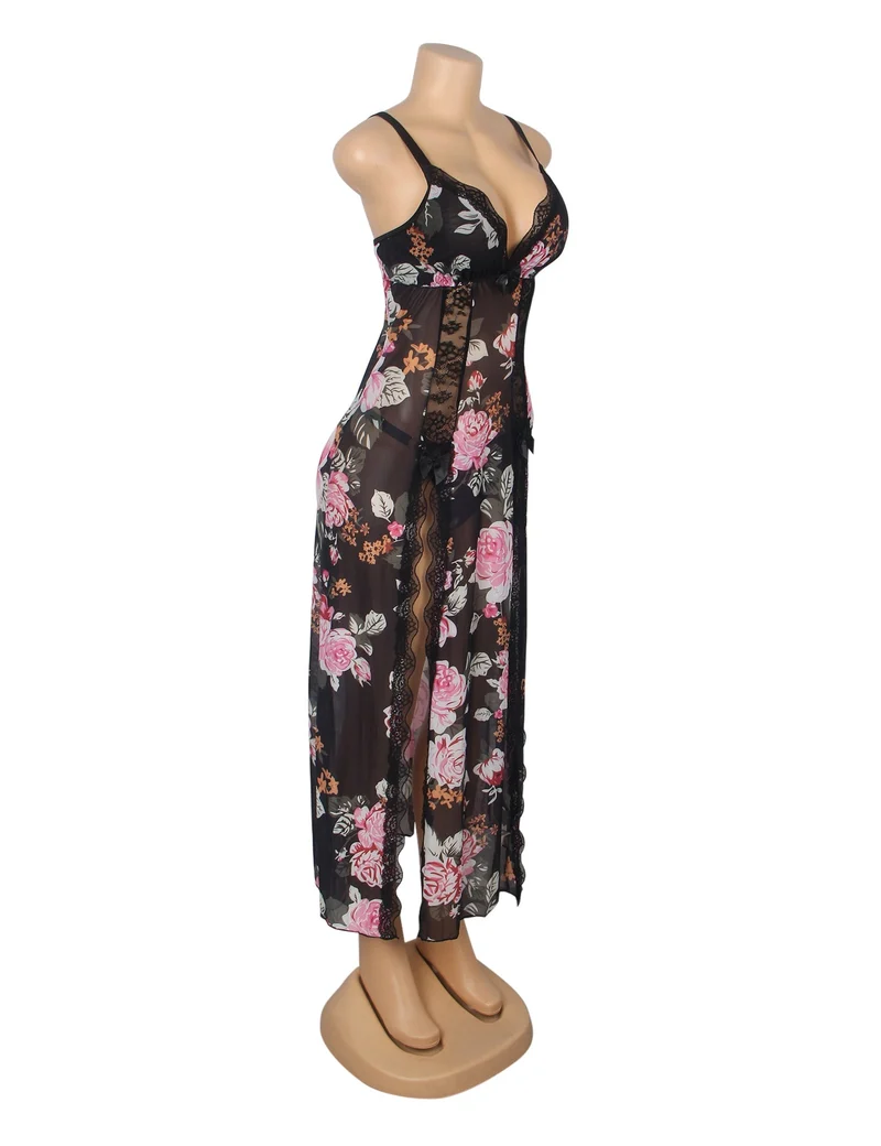 Langes Nachthemd aus floral bedrucktem Mesh und Spitze mit gefüttertem Oberteil, hohem Schlitz vorne, offenem Rücken und T-Rücken-Set