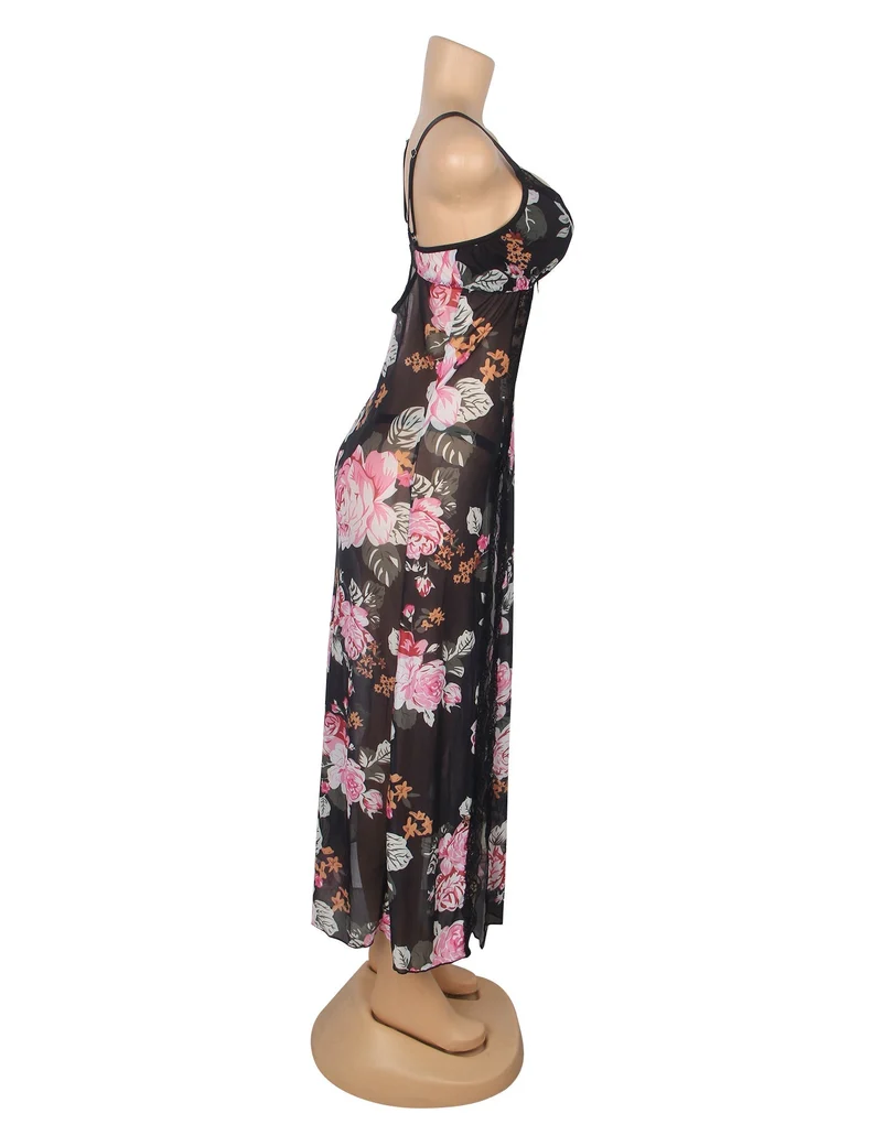Langes Nachthemd aus floral bedrucktem Mesh und Spitze mit gefüttertem Oberteil, hohem Schlitz vorne, offenem Rücken und T-Rücken-Set