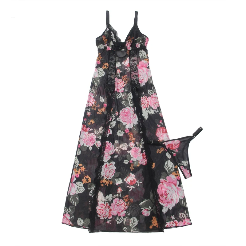 Langes Nachthemd aus floral bedrucktem Mesh und Spitze mit gefüttertem Oberteil, hohem Schlitz vorne, offenem Rücken und T-Rücken-Set