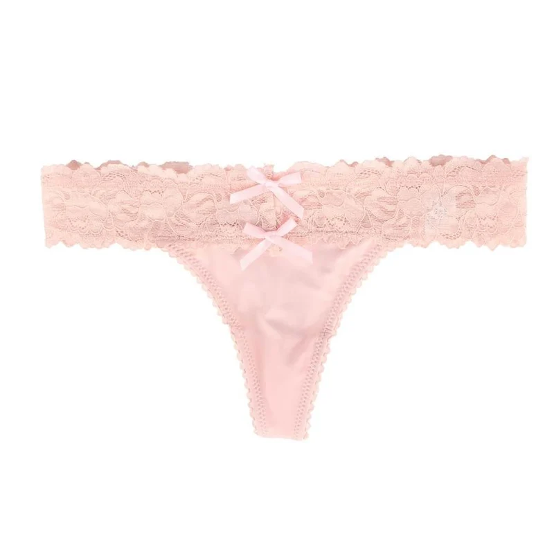 Rosa Spitzen-Mesh-Höschen mit Schleife vorne, gekreuzten Bändern hinten und Baumwollzwickelfutter