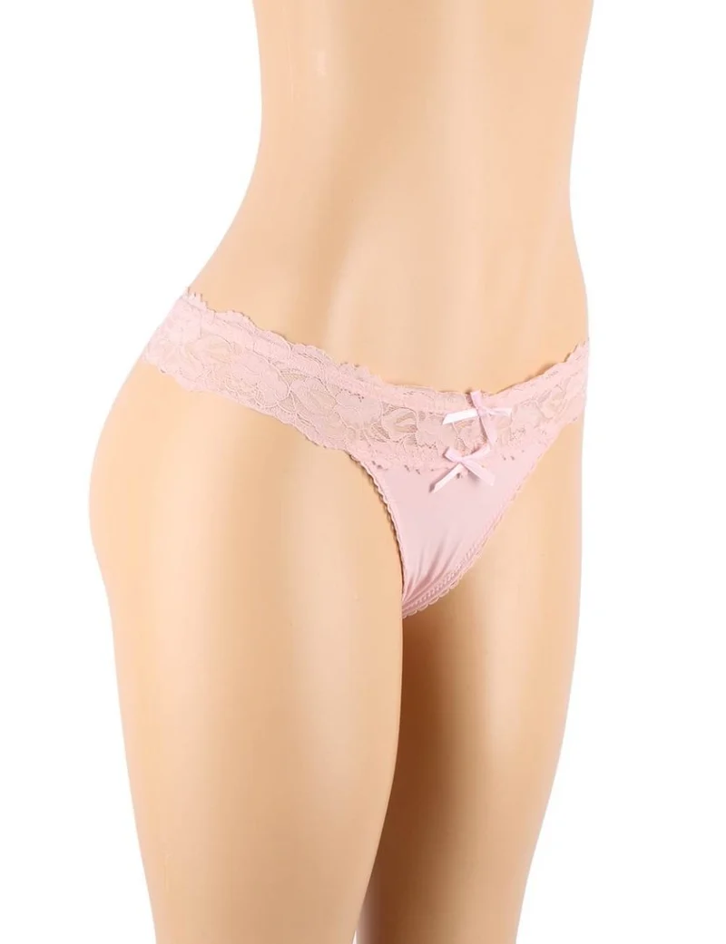Rosa Spitzen-Mesh-Höschen mit Schleife vorne, gekreuzten Bändern hinten und Baumwollzwickelfutter