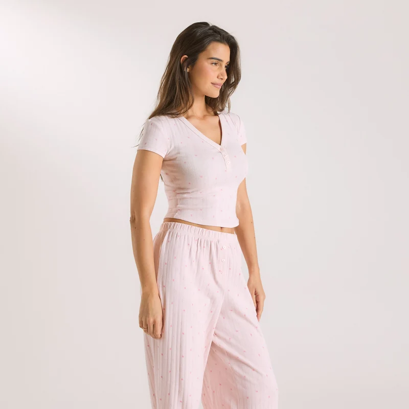 Pointelle Pyjama-Oberteil - Florales Rosa