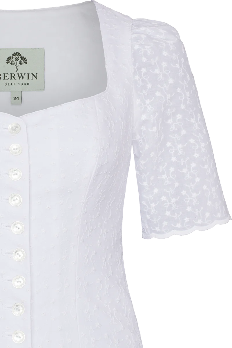 Damen Trachtenmiederbluse mit Arm und Blütenstickerei - weiß