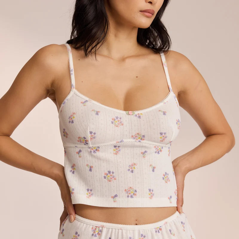 Pointelle Cami Pyjamatop - Florales Weiß