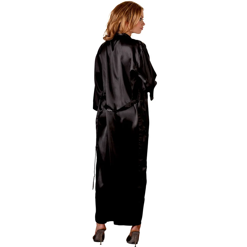 Satin Kimono S - 3XL schwarz mit Bindegürtel "Aida"