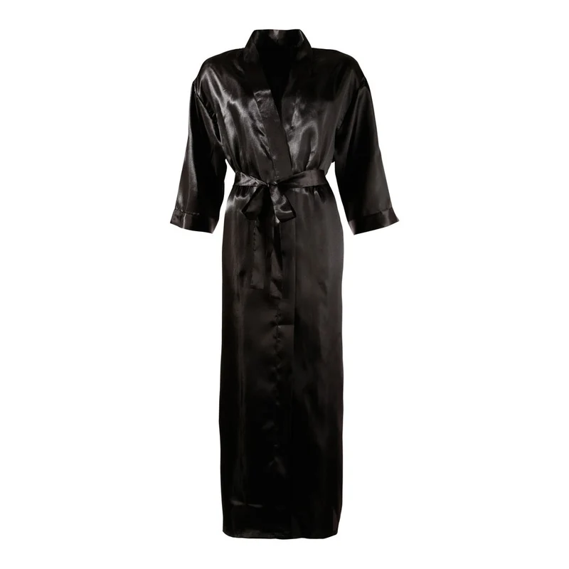 Satin Kimono S - 3XL schwarz mit Bindegürtel "Aida"