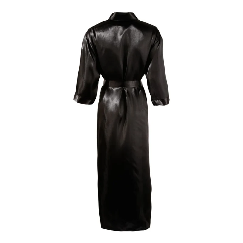 Satin Kimono S - 3XL schwarz mit Bindegürtel "Aida"