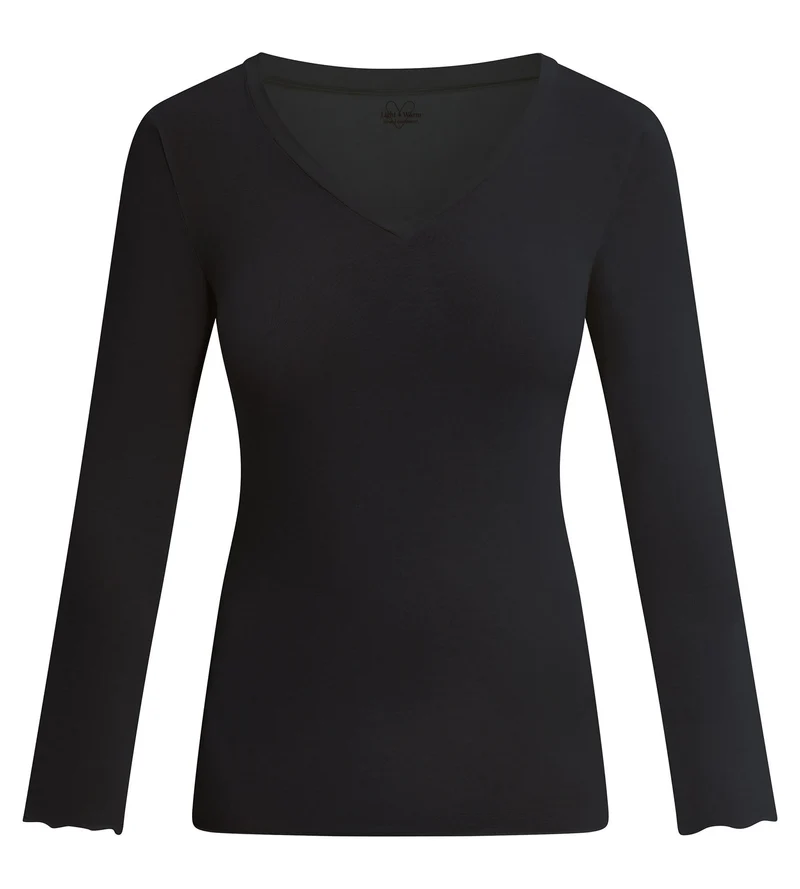 Damen-T-Shirt mit V-Ausschnitt aus Modal und Kaschmir Schwarz Light & Warm