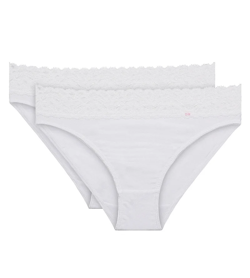 2er-Pack weiße Midi-Slips aus Stretch-Baumwolle mit Spitze - Cotton Plus