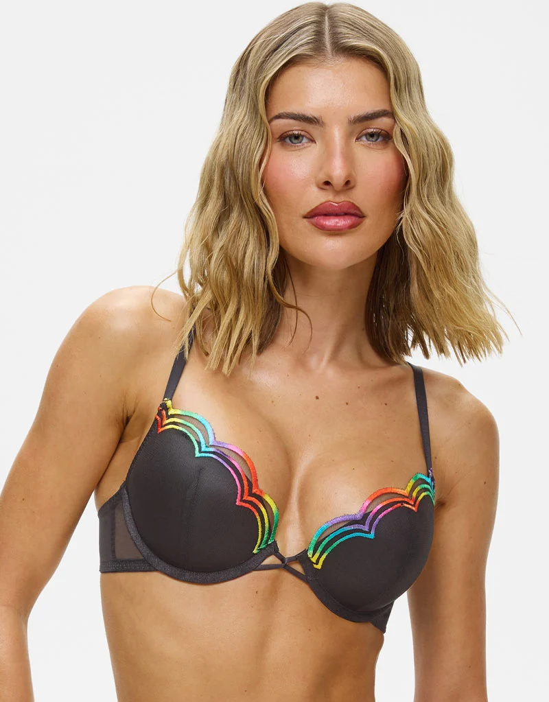 Ann Summers Rainbow Embroidery Padded Plunge Bra Black/Multi