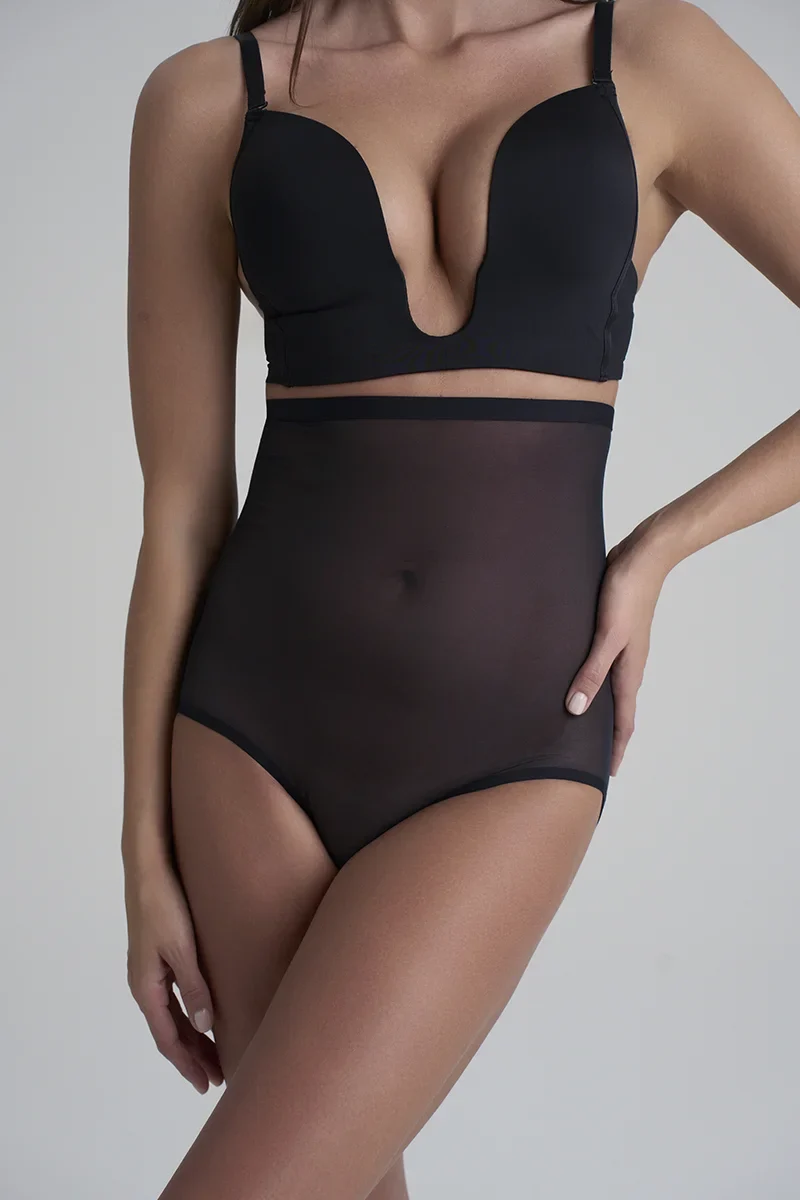ByeBra – Formgebender Tüll-Shapewear-Slip mit mittlerem Halt und hohem Bund, Schwarz
