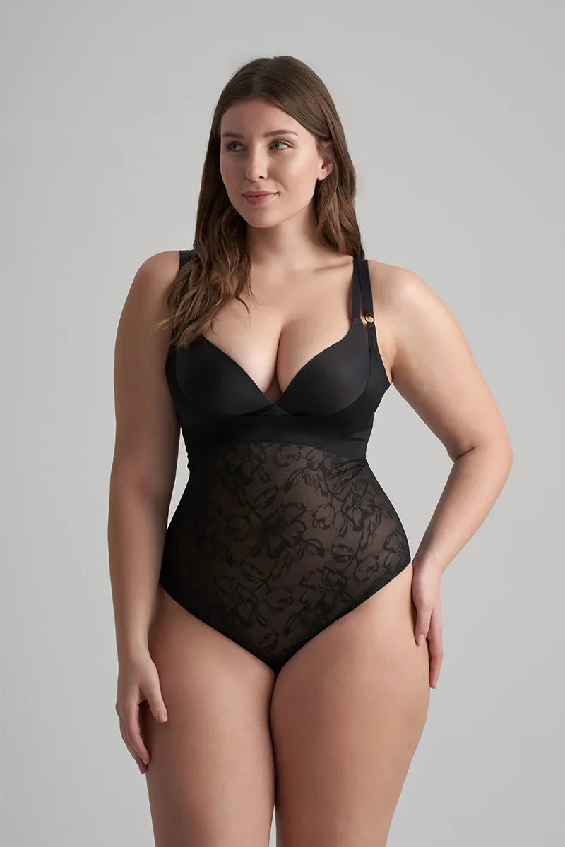 ByeBra – Spitzen-Shapewear, Spitzenbody mit offenem Brustbereich, Schwarz