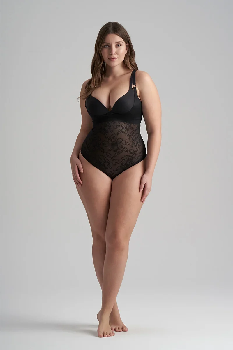 ByeBra – Spitzen-Shapewear, Spitzenbody mit offenem Brustbereich, Schwarz